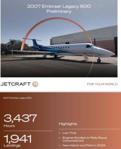 Private Jet for sale💃  2007 Embraer Legacy 600 📍Price: $7m 10 Seaters  TOTAL CYCLES SINCE NEW1, 941Cycles1, 941Cycles  PROGRAM COVERAGE Rolls Royce Corporate Care The Embraer Legacy 600 is equipped with an integrated, Honeywell Avionics  TOTAL TIME SINCE NEW 3,437 Hours Airframe   TOTAL LANDINGS SINCE NEW 1,941 Landings  @ALL